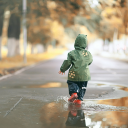 Barn i fodrat grönt regnställ som går i en vattenpöl med ryggen mot kameran.