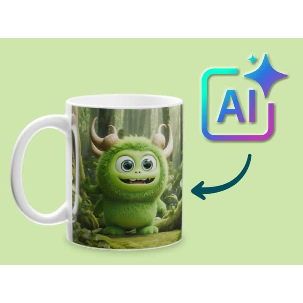 En vit mugg med ett AI-genererat motiv av ett grönt monster med horn i en skog.