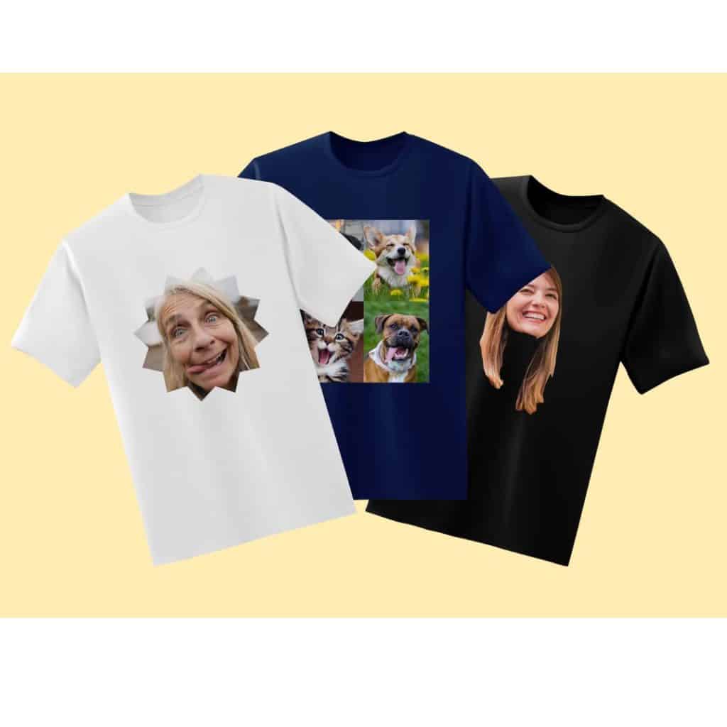 Tre t-shirts med olika personliga foton – en med en äldre kvinna som gör grimas, en med husdjur och en med en leende tjej.