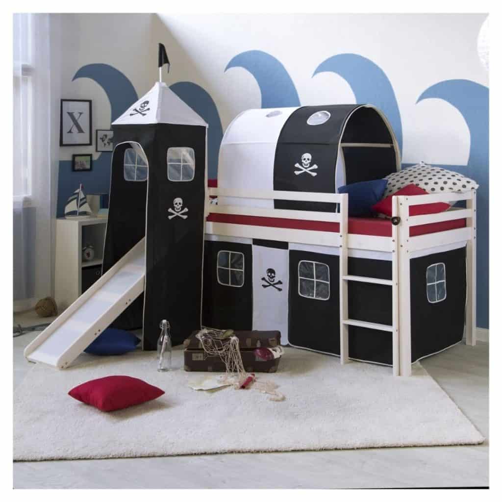 Homestyle4u Loftsäng med Gardin Rutschkana Tunnel Torn Pirat