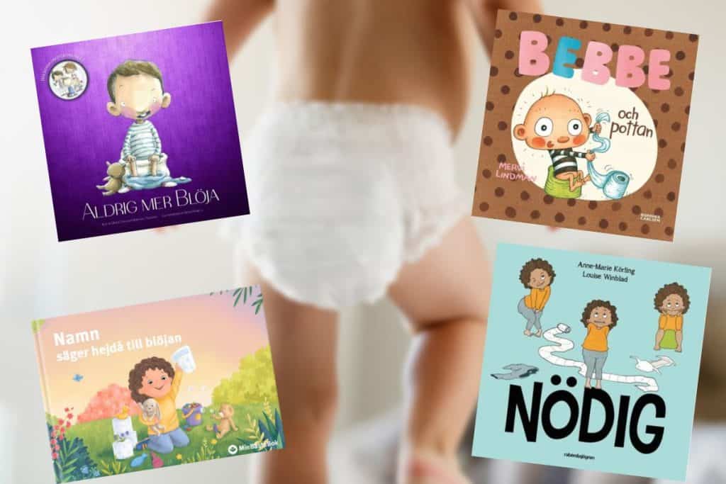 Barn med blöja och flera böcker runt om på temat potträning