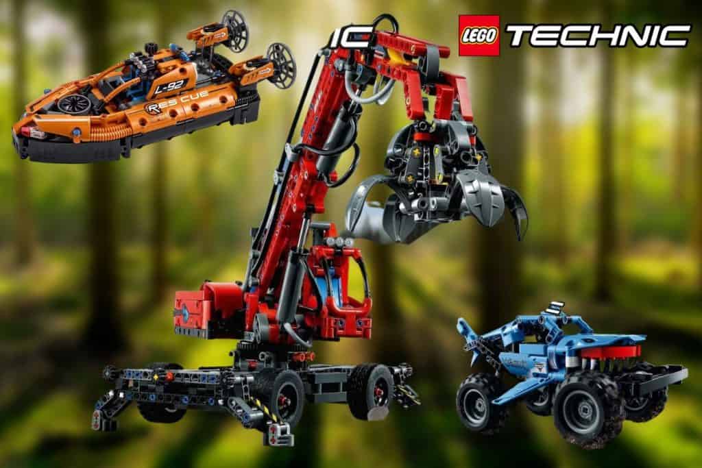 Tre LEGO byggsatser från LEGO Technic mot skogsbakgrund