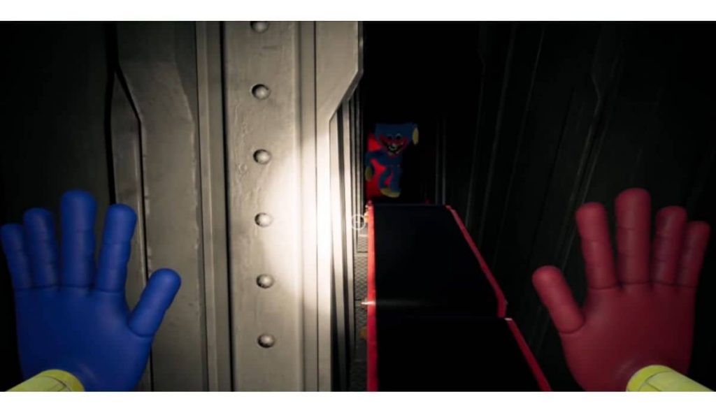 Skärmbild från Chapter 1 i spelet Poppyplaytime, där spelaren möter Huggy Wuggy