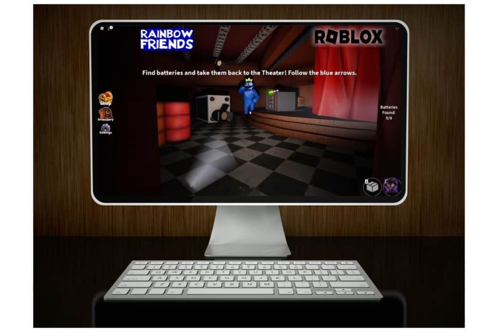 Datorskärm med spelet Rainbow Friends från Roblox