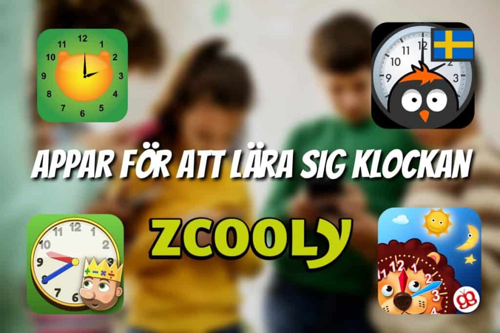 Ikoner och logotyper för olika appar för barn med fokus på att lära klockan. I bakgrunden syns barn som spelar på mobil.
