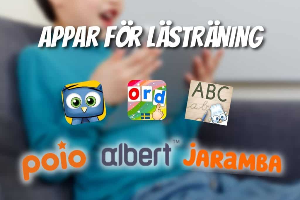 Appar för lästräning, logotyper för sex olika appar. Bild på barn som håller ipad i bakgrunden.