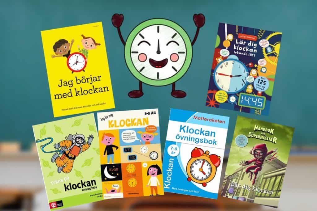 Barnböcker om klockan, tecknad glad klocka, klassrum i bakgrunden