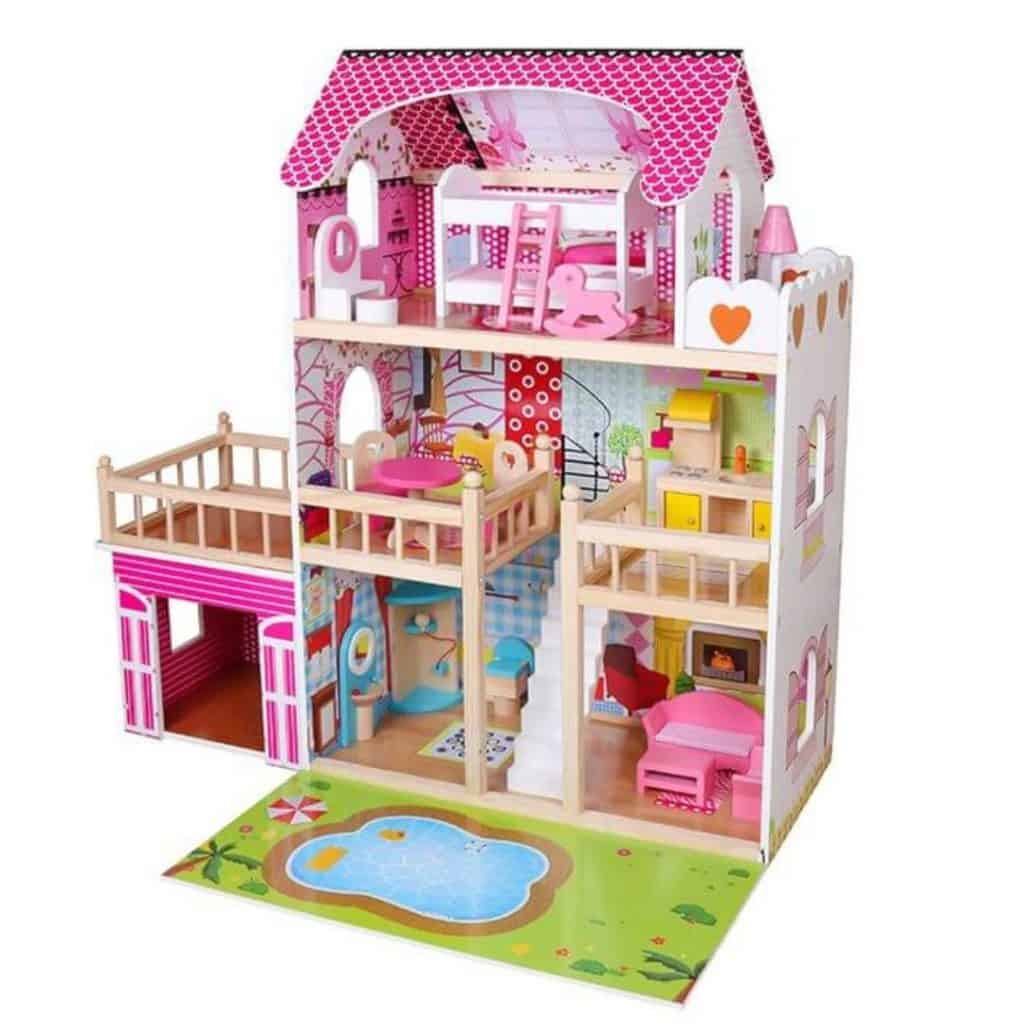 Dockhus Deluxe med LED-Belysning och garage 90 cm Woodi World Toy