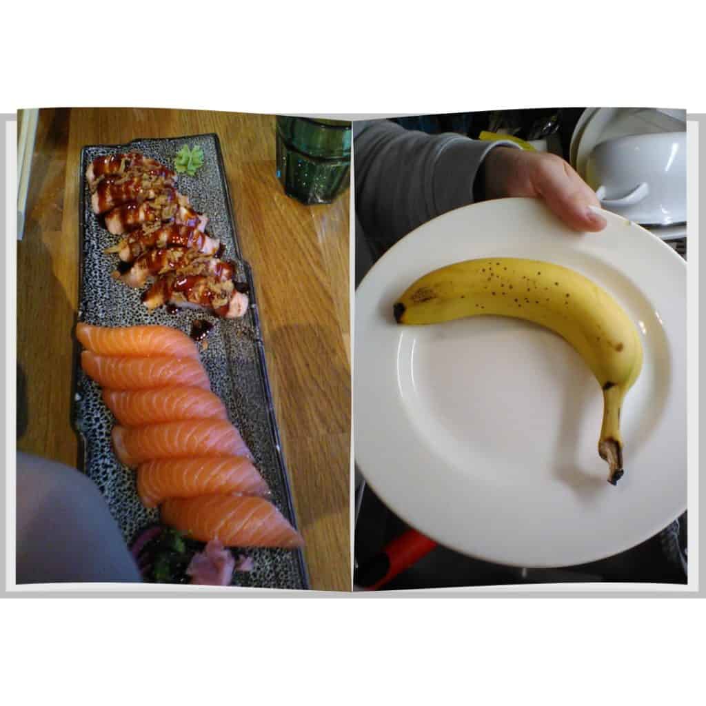 Foto på sushi och banan, tagna med smartklockan Xplora X6 Play