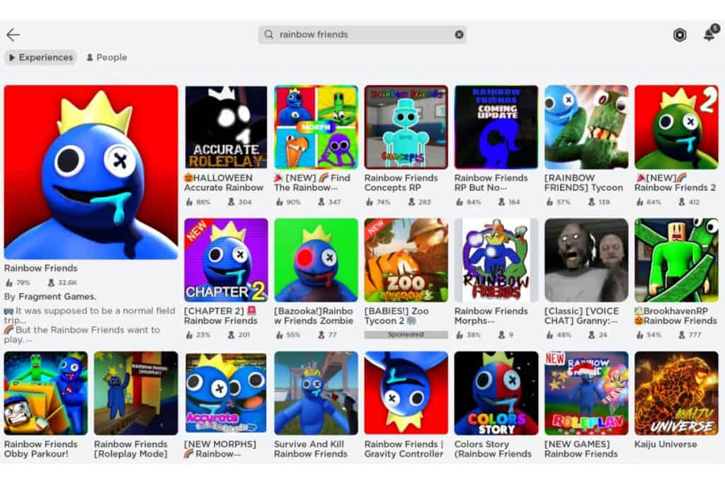 Skärmbild från Roblox, när du söker efter Rainbow Friends bland spelen