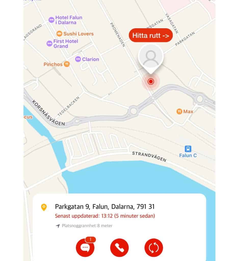 Skärmbild på kartan som visar var din Xplora X6 Play klocka är