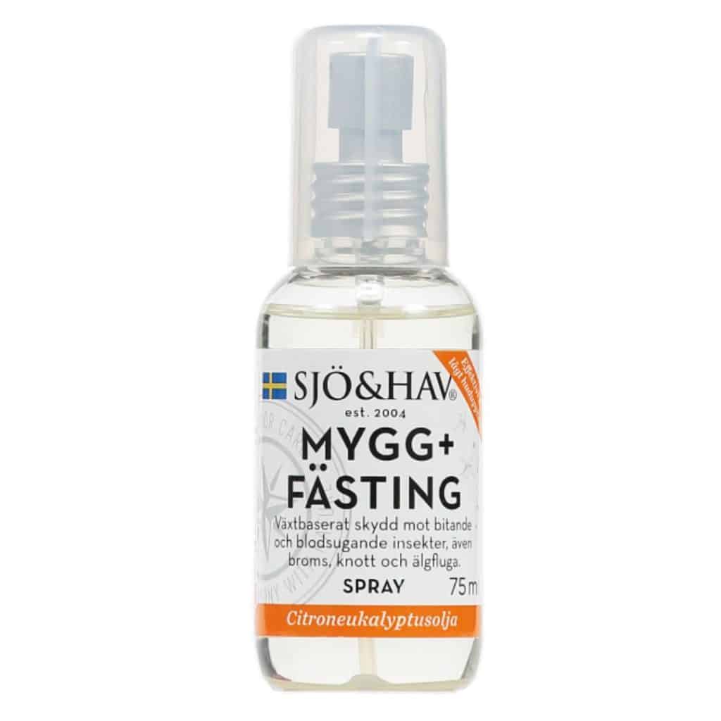 Sjö & Hav Mygg + Fästing Spray i en vit flaska med orange etikett