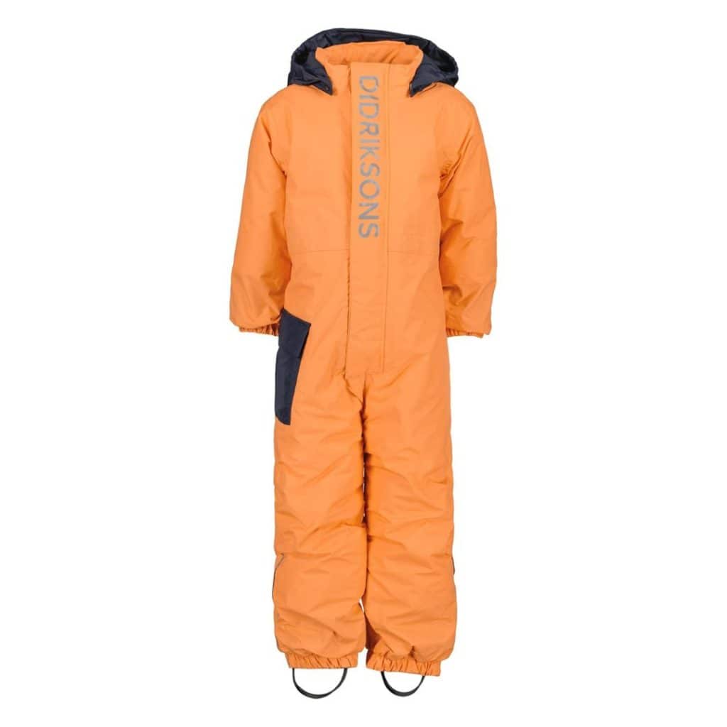 Didriksons Rio Coverall 2 JR i orange med reflexdetaljer och avtagbar huva.